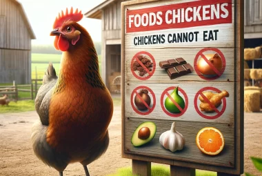 Chicken standing beside a sign with a picture of the foods it can't eat.