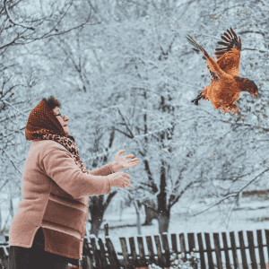 An elderly woman in a winter coat and scarf releasing a chicken into the air in a snowy outdoor setting.