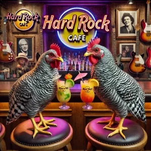 "Barred Plymouth Rock chickens sitting at the Hard Rock Cafe, wearing tiny sunglasses and hats, enjoying colorful cocktails in a lively setting filled with classic rock memorabilia."