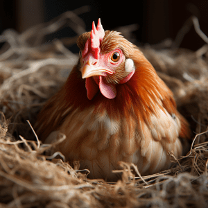Article: WHy do chickens stop laying eggs? A beautiful brown chicken sitting calmly on a nest, surrounded by hay