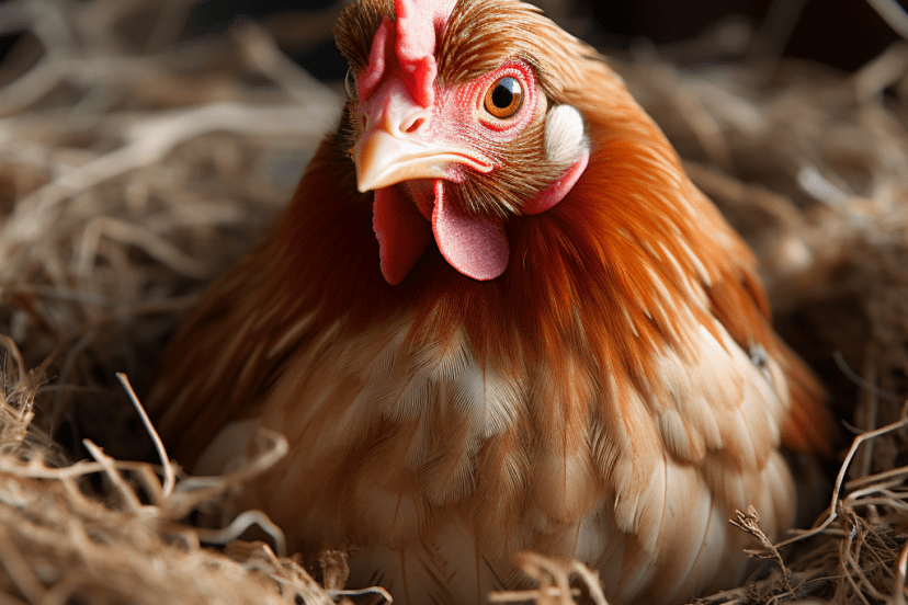 Article: Why do chickens stop laying eggs? A beautiful brown chicken sitting calmly on a nest, surrounded by hay