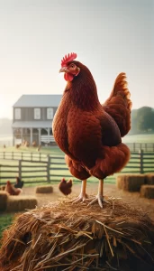 A Rhode Island Red chicken, with its rich red-brown feathers and robust build, stands prominently against a classic farm backdrop, featuring a wooden fence and lush greenery.