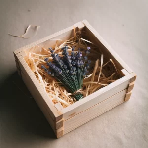 Simple wooden chicken nesting box with a few sprigs of our calming herb.