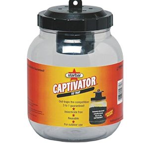 Image of a Starbar Captivator fly trap, boasting a 3-to-1 out-trap guarantee, insecticide-free and reusable, for outdoor use.