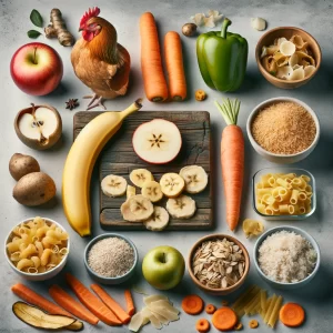 A collection of chicken-friendly kitchen scraps, including fruit peels, vegetable skins, and cooked grains.