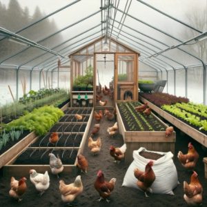 Chickens inside a greenhouse, intermingling with a variety of plants growing in organized raised beds.