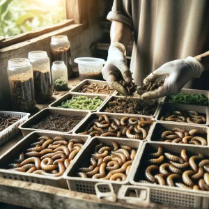 Person cultivating a grub farm with containers filled with organic matter and grubs for chicken feed.