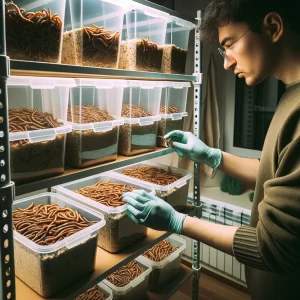 A person carefully inspects mealworms in transparent tubs on shelves."