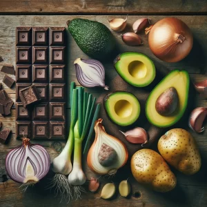 A selection of foods harmful to chickens, including chocolate, avocado, onions, garlic, and raw potatoes, displayed on a wooden table. Article - 5 foods to avoid feeding your chickens.