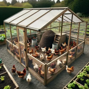 "A flock of chickens contained within a sectioned-off area of a greenhouse with a compost heap."