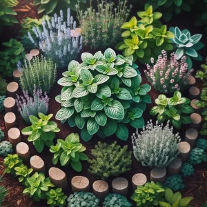 Lush herb garden with oregano, mint, thyme, lavender, and chamomile.