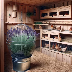 Lavender Calms Laying Hens and Repels Pests. Pic - a corner of the coop has a pot plant growing lavender - there is a wrie cage around the plant so the chickens can eat the bits of herb that grow through the wire and the rest of the plant can happily grow and fend off pests