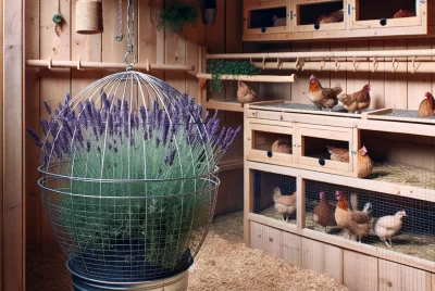 a picture of an outdoor area outside the coop for the chickens to forage. in one corner i want a pit plant growing lavender - there needs to be a wrie cage around the plant so the chickens can eat the bits of herb that grow through the wire and the rest of the plant can happily grow and fend off pests