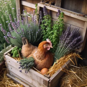 Rustic chicken coop with a hen sitting in a nesting box filled with lavender and oregano.