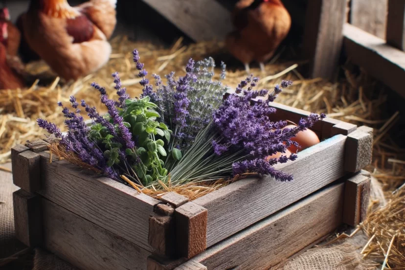 Rustic wooden chicken nesting box with fresh l sprigs of our special herbs