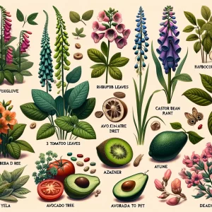 Illustration of various toxic plants for chickens, including foxglove, rhubarb, tomato, castor bean, avocado, oleander, daffodil, azalea, yew, and lupine.
