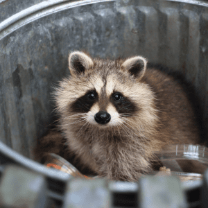 Article portect coop from Racoons. Pic - A raccoon caught inside a metal trash bin, showcasing its adaptability and the importance of securing food sources in rural and farm settings