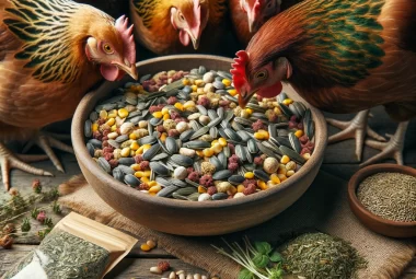 "Chickens feasting on a bowl of homemade feed, filled with seeds and colorful dried herbs, on a rustic wood backdrop."