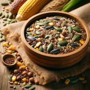 Homemade chicken feed with oats, corn, sunflower seeds, flax seeds, and green split peas on a rustic wooden table