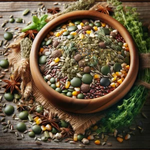 A bowl of homemade chicken feed teeming with a colorful array of seeds and dried herbs, including oregano, thyme, and basil, on a rustic wooden table