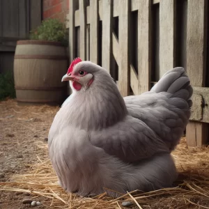 A Lavender Orpington chicken sitting contentedly on a pile of hay
