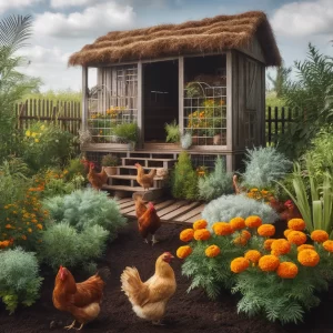 Several chickens of different breeds wander around a garden bed full of blooming marigolds adjacent to a cozy, thatched-roof wooden chicken coop.