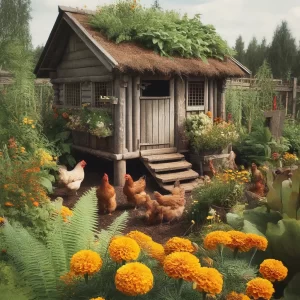 Chickens gather near a wooden coop, its roof whimsically topped with greenery, amidst a garden vibrant with marigolds and other plants