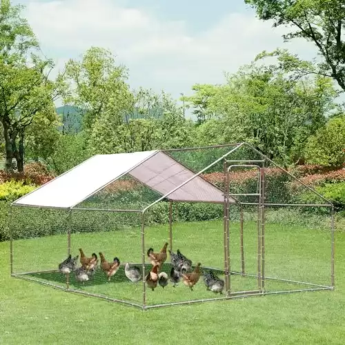 HUSDOW Chicken Coop, Large Metal Chicken Run with Feeding Window Walkin Cage with Waterproof Anti-UV Cover.