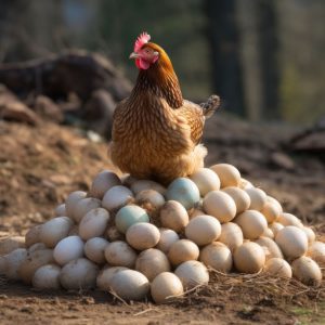 Article: Golden Comet Chickens. Pic- A Golden Comet chicken proudly sitting atop a large pile of variously colored eggs in an outdoor setting.