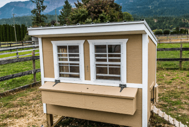 A stylish beige chicken coop with white windows, elevated on a platform in a fenced area with a mountainous backdrop.