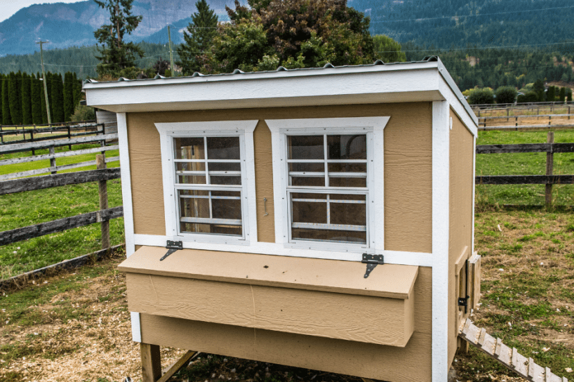 A stylish beige chicken coop with white windows, elevated on a platform in a fenced area with a mountainous backdrop.