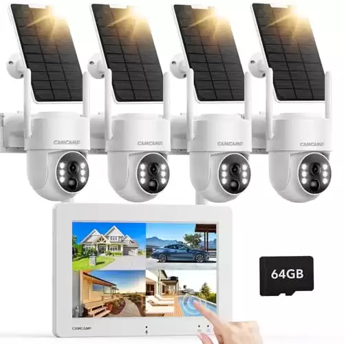 Camcamp Solar Wireless Security Camera - 2.5K 4MP 4PCS Outdoor Home Cameras System with 7" Touchscreen Monitor 64GB SD Card Color Night Vision AI Detection PTZ 0 Monthly Fee 2 Way Audio