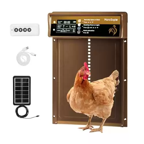 Mars Explo Automatic Chicken Coop Door Solar Powered, LCD Display, Timer & Light Sensor, 20-m Remote Control, Electirc Door,4 Modes, USB Rechargeable Battery,Brown