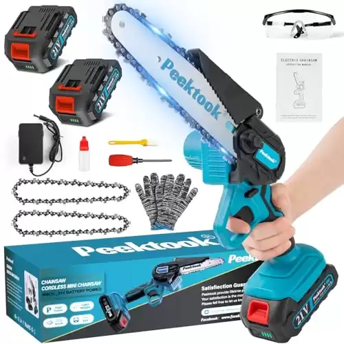 Mini Chainsaw Cordless 6Inch, Peektook Chain Saw Electric Chainsaw Battery Chainsaw with 2 2.0Amh Battery & 2 Chains, Small Chainsaw Electric Saw with Strong Motor for Tree Trimming, branches cutt...