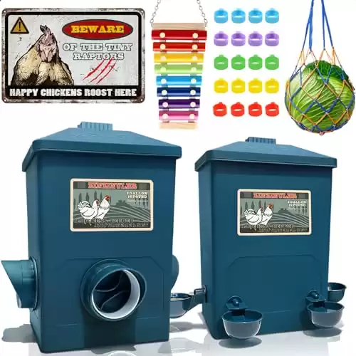 ZINZINULER Automatic Port Chicken Feeder and Cup Waterer Set - Chicken Coop Accessories, No waste poultry feeder, 3 Gallon/16 Pounds