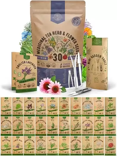 30 Medicinal Tea Herb & Flower Seeds Variety Pack - 13600+ Non-GMO Heirloom Flower Seeds for Outdoor and Indoor Home Gardening, Including Bergamot, Dill, Catnip, Calendula, Dandelion, Lovage, Zinn...