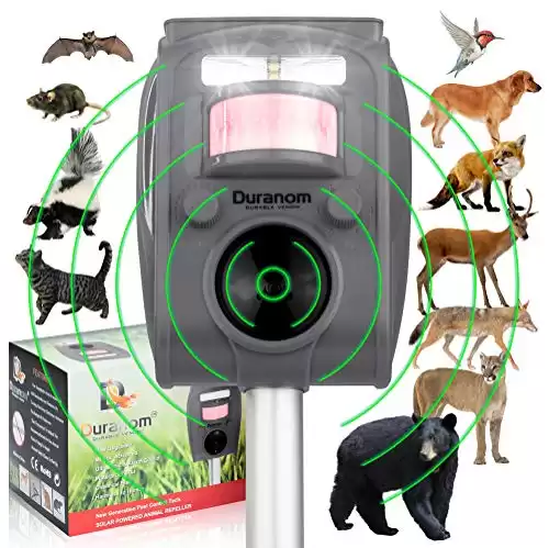 2024 DURANOM Ultrasonic Deer Repellent Outdoor - Upgraded Solar Powered and Motion Activated Strobe Flashing Light - Long Range Animal Repeller for Garden - Animal Deterrent System Blasts Animals Away