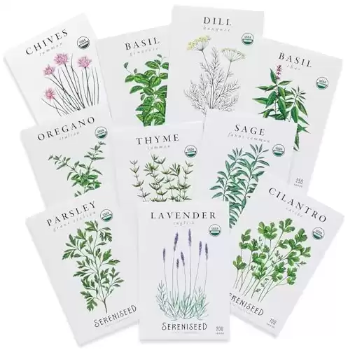 Sereniseed Certified Organic Herb Seeds (10-Pack) Non GMO, Heirloom Seed Starting Video - Basil, Cilantro, Oregano, Thyme, Parsley, Lavender, Chives, Sage, Dill Seeds for Indoor & Outdoor Planting