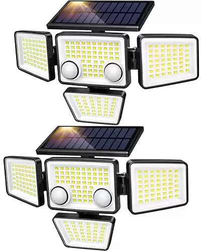 Solar Outdoor Lights - 3000LM 188 LED Motion Sensor Outdoor Lights, 4 Heads IP65 Waterproof Powered Security Flood Lights, 270 Wide Lighting Angle Wall Light with Sensors