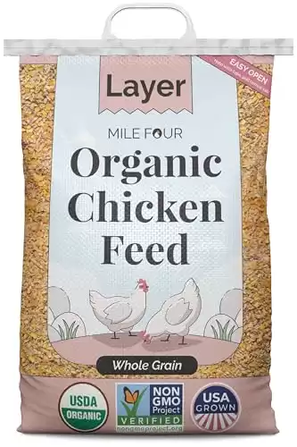 Mile Four Organic Chicken Feed | Layer (20+ Week) Chickens | 23 lbs. | Organic, Non-GMO, Corn & Soy Free, Non-Medicated Chicken Feed | 16% Protein | Whole Grain